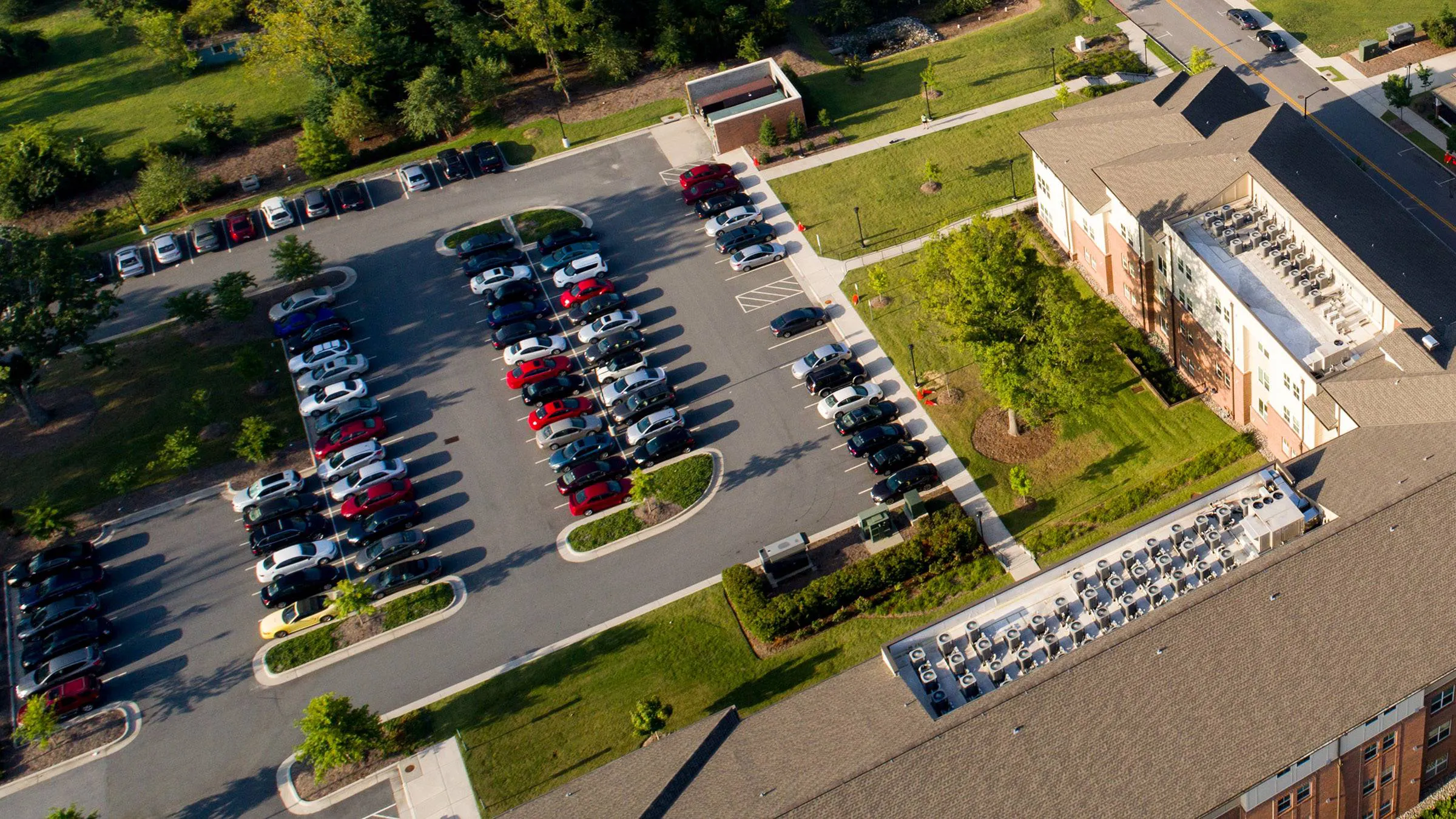 Aerial view of the Highland Residence Hall parking lot.