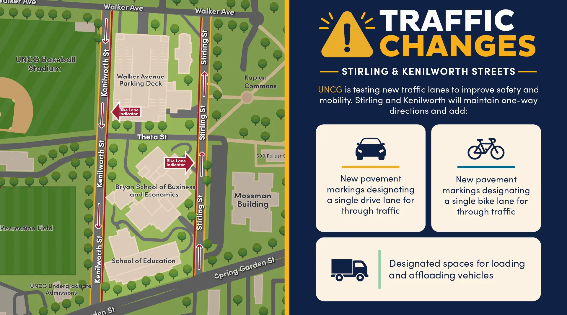 A notice for the new street traffic change pilot program for Kenilworth and Stirling streets.