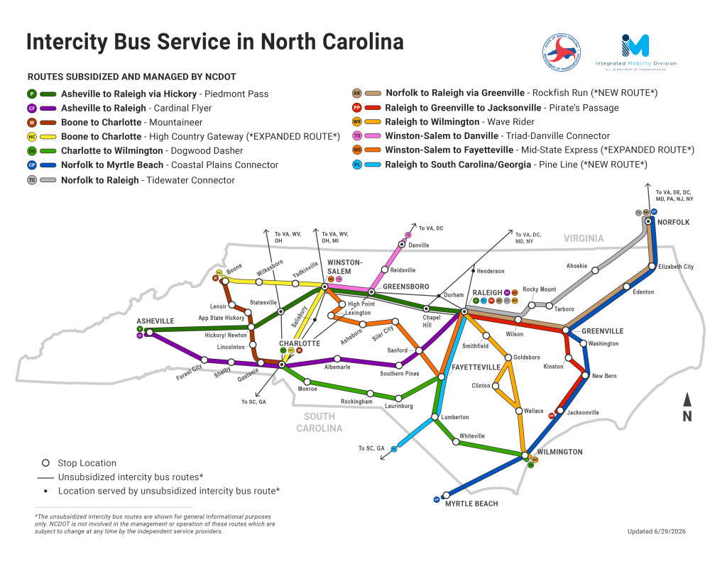 Map of the NCDOT Intercity Bus Service for the state of North Carolina.